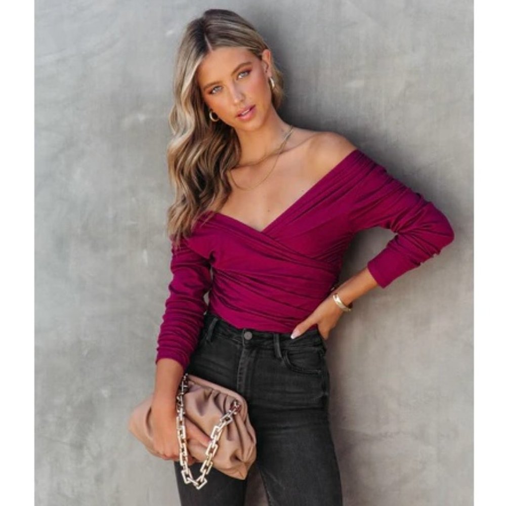 Endless Rose Magenta Off-Shoulder Long Sleeve Wrap Top